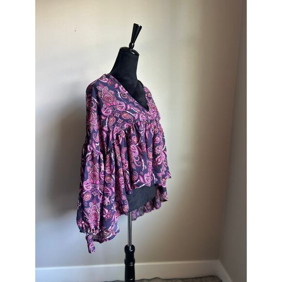 ROMEO AND JULIET COUTURE Purple Geo Printed Sheer Balloon Sleeve Top Size M - Picture 4 of 10